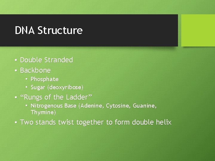 DNA Structure • Double Stranded • Backbone • Phosphate • Sugar (deoxyribose) • “Rungs