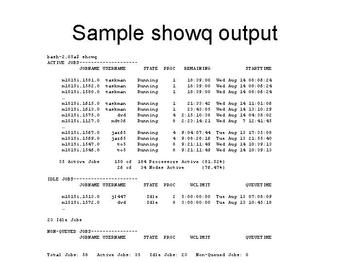 Sample showq output bash-2. 05 a$ showq ACTIVE JOBS----------JOBNAME USERNAME m 1015 i. 1581. Sample showq output bash-2. 05 a$ showq ACTIVE JOBS----------JOBNAME USERNAME m 1015 i. 1581.