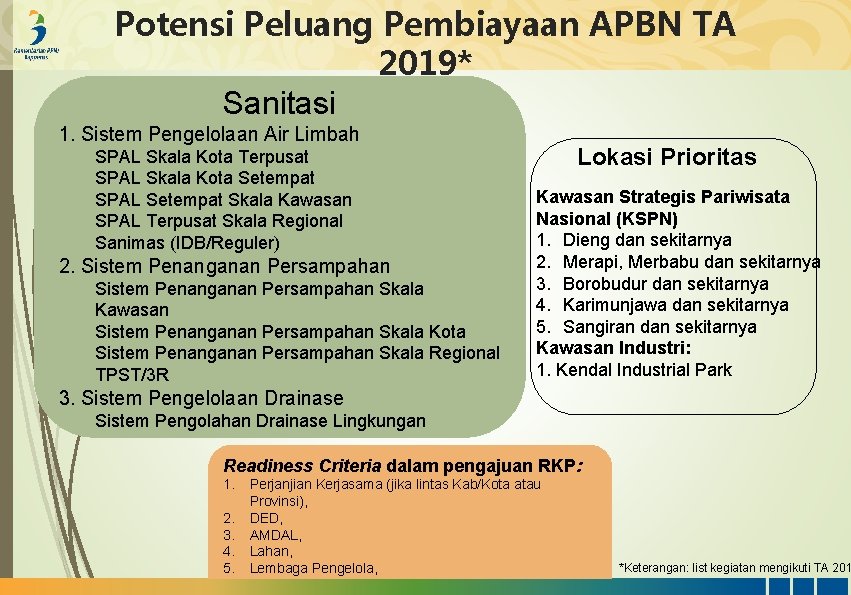 Potensi Peluang Pembiayaan APBN TA 2019* Sanitasi 1. Sistem Pengelolaan Air Limbah SPAL Skala