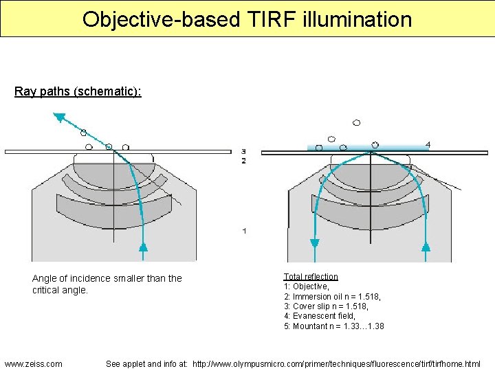 Objective-based TIRF illumination Ray paths (schematic): Angle of incidence smaller than the critical angle.