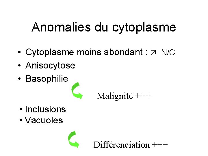 Anomalies du cytoplasme • Cytoplasme moins abondant : N/C • Anisocytose • Basophilie Malignité