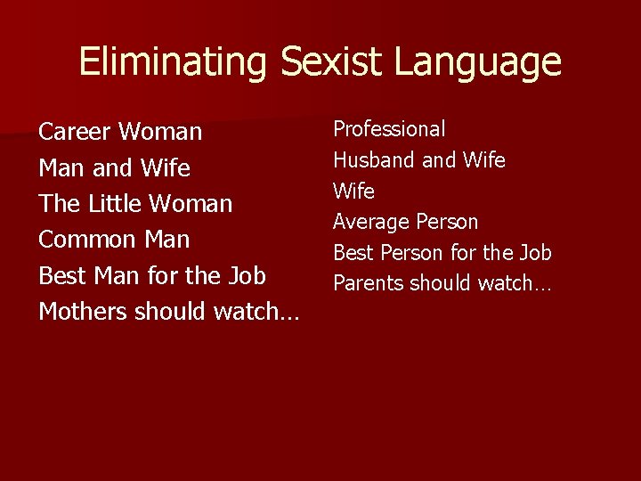 Eliminating Sexist Language Career Woman Man and Wife The Little Woman Common Man Best