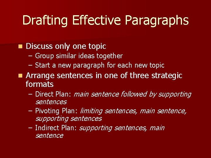 Drafting Effective Paragraphs n Discuss only one topic – Group similar ideas together –