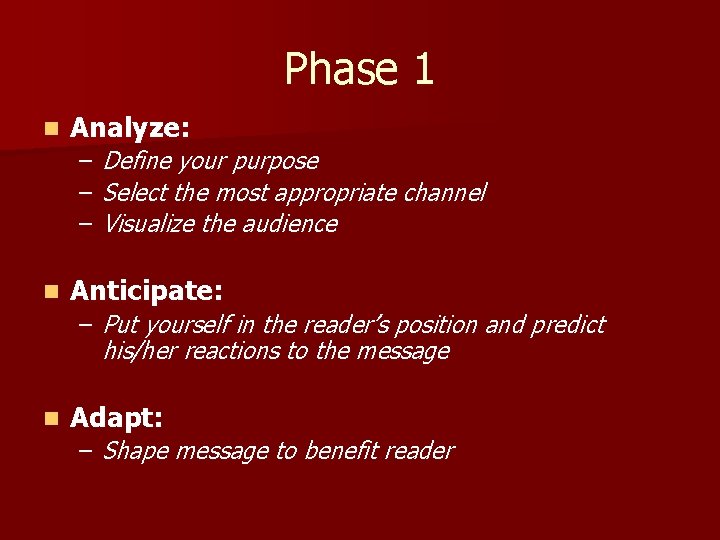 Phase 1 n Analyze: – Define your purpose – Select the most appropriate channel