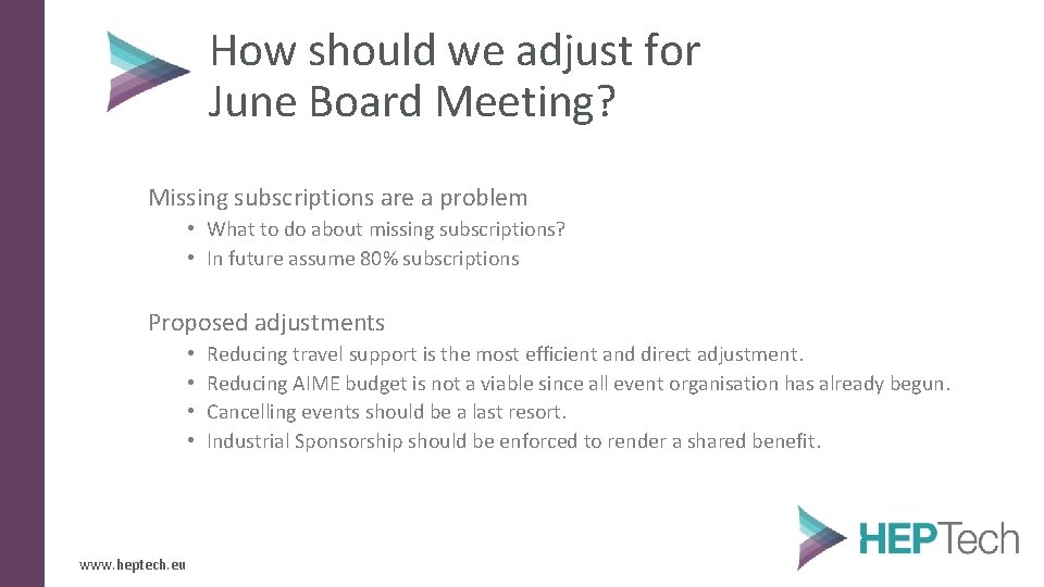 How should we adjust for June Board Meeting? Missing subscriptions are a problem •