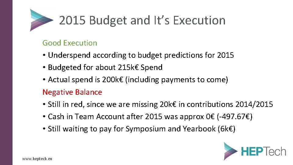 2015 Budget and It’s Execution Good Execution • Underspend according to budget predictions for