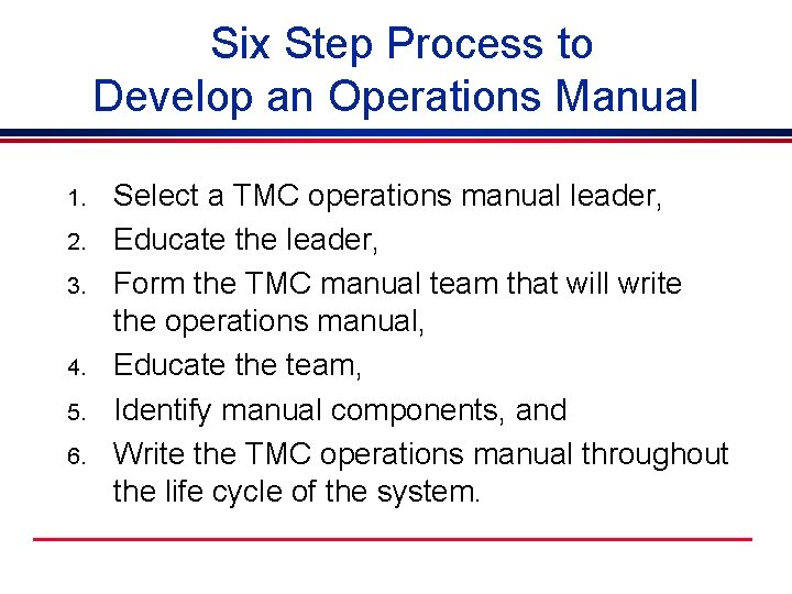 Six Step Process to Develop an Operations Manual 1. 2. 3. 4. 5. 6.