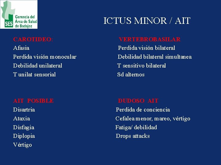 ICTUS MINOR / AIT CAROTIDEO: Afasia Perdida visión monocular Debilidad unilateral T unilat sensorial