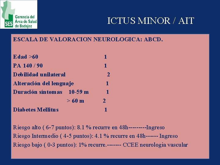 ICTUS MINOR / AIT ESCALA DE VALORACION NEUROLOGICA: ABCD. Edad >60 PA 140 /