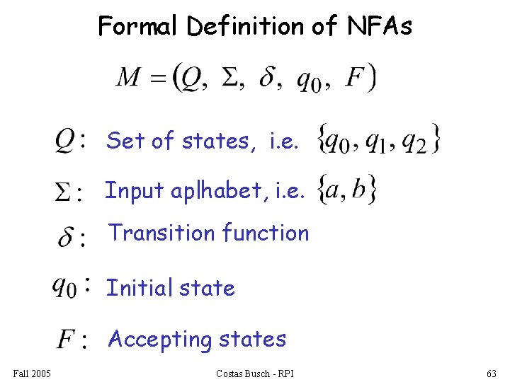 Formal Definition of NFAs Set of states, i. e. Input aplhabet, i. e. Transition
