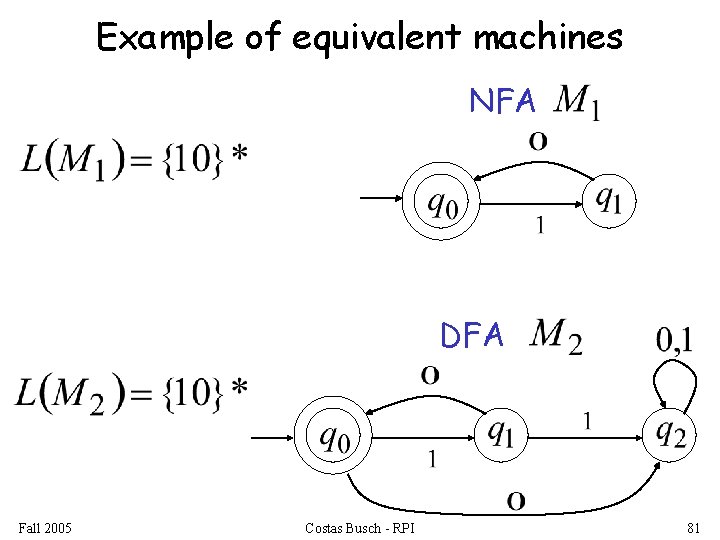 Example of equivalent machines NFA DFA Fall 2005 Costas Busch - RPI 81 