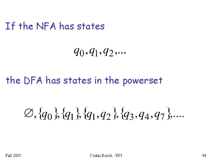 If the NFA has states the DFA has states in the powerset Fall 2005