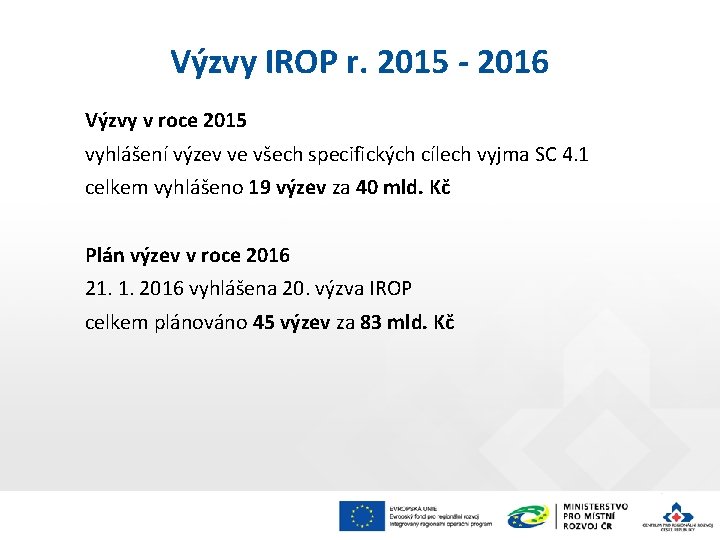 Výzvy IROP r. 2015 - 2016 Výzvy v roce 2015 vyhlášení výzev ve všech