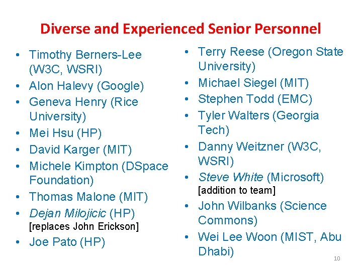 Diverse and Experienced Senior Personnel • Timothy Berners-Lee (W 3 C, WSRI) • Alon