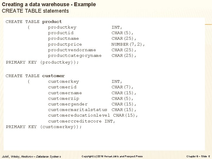 Creating a data warehouse - Example CREATE TABLE statements CREATE TABLE product ( productkey