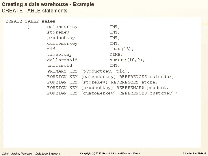 Creating a data warehouse - Example CREATE TABLE statements CREATE TABLE sales ( calendarkey