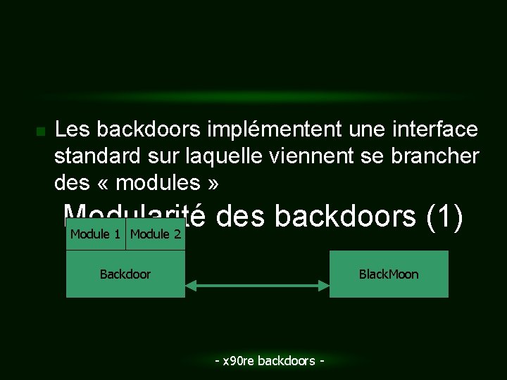 n Les backdoors implémentent une interface standard sur laquelle viennent se brancher des «