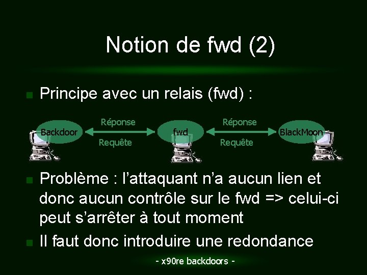 Notion de fwd (2) n Principe avec un relais (fwd) : Backdoor n n