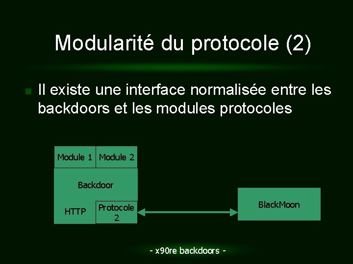 Modularité du protocole (2) n Il existe une interface normalisée entre les backdoors et