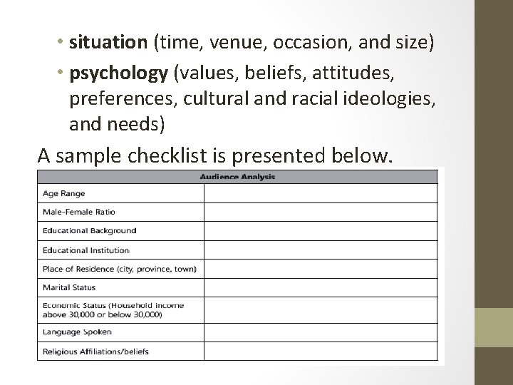  • situation (time, venue, occasion, and size) • psychology (values, beliefs, attitudes, preferences,