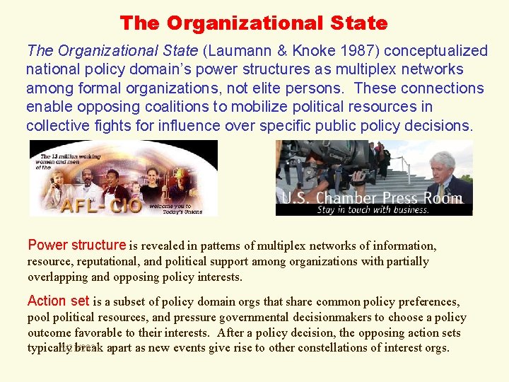 The Organizational State (Laumann & Knoke 1987) conceptualized national policy domain’s power structures as