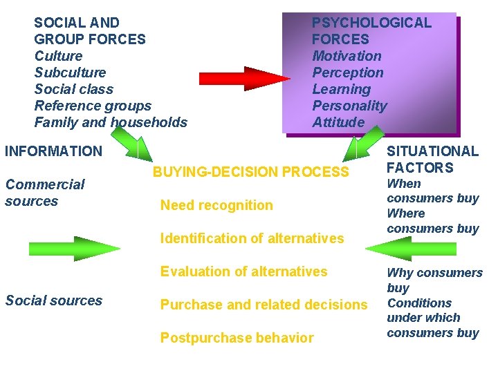 SOCIAL AND GROUP FORCES Culture Subculture Social class Reference groups Family and households PSYCHOLOGICAL