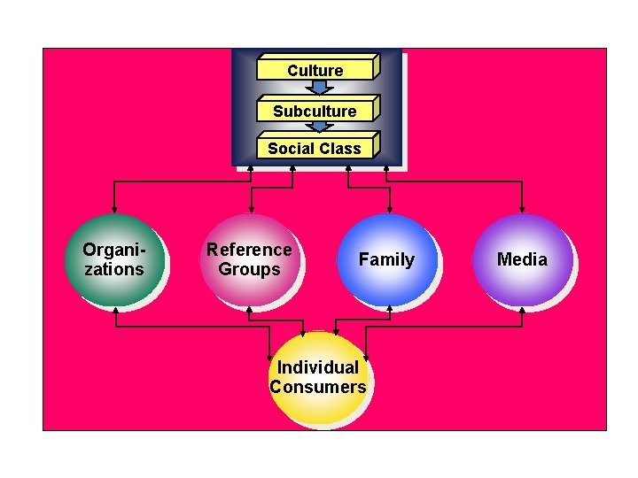 Culture Subculture Social Class Organizations Reference Groups Family Individual Consumers Media 