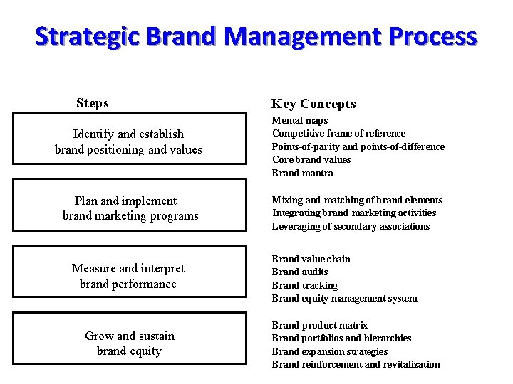 Strategic Brand Management Process Steps Identify and establish brand positioning and values Plan and