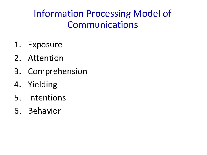 Information Processing Model of Communications 1. 2. 3. 4. 5. 6. Exposure Attention Comprehension