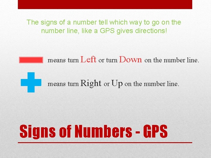 The signs of a number tell which way to go on the number line, The signs of a number tell which way to go on the number line,