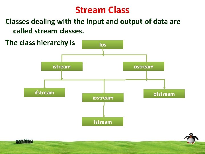 Stream Classes dealing with the input and output of data are called stream classes.