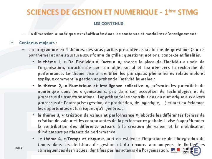 SCIENCES DE GESTION ET NUMERIQUE 1re STMG OBJECTIFS