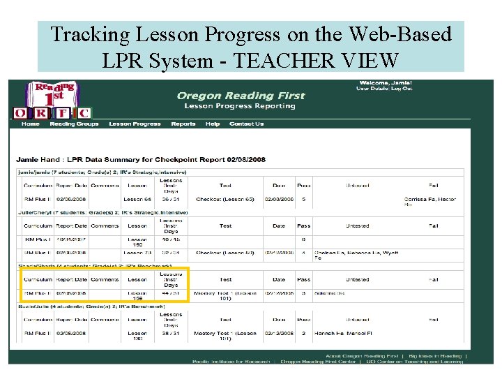 Tracking Lesson Progress on the Web-Based LPR System - TEACHER VIEW 