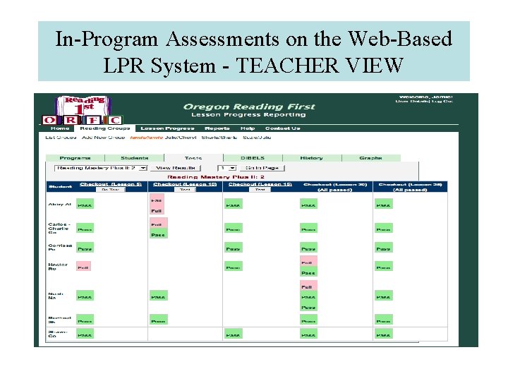 In-Program Assessments on the Web-Based LPR System - TEACHER VIEW 