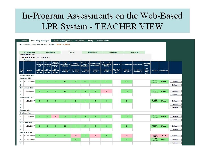 In-Program Assessments on the Web-Based LPR System - TEACHER VIEW 