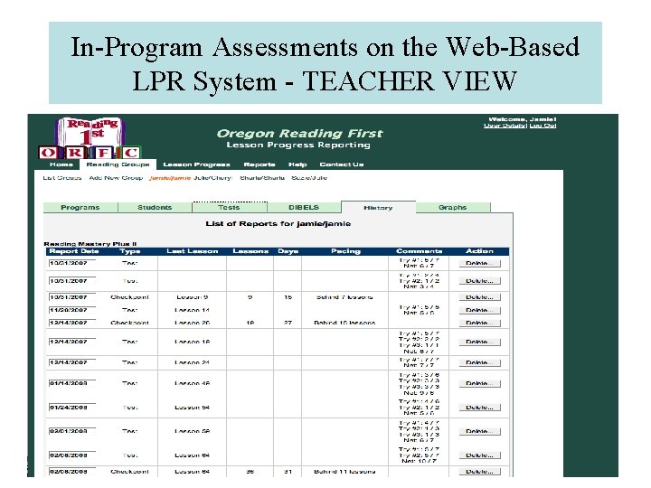 In-Program Assessments on the Web-Based LPR System - TEACHER VIEW 