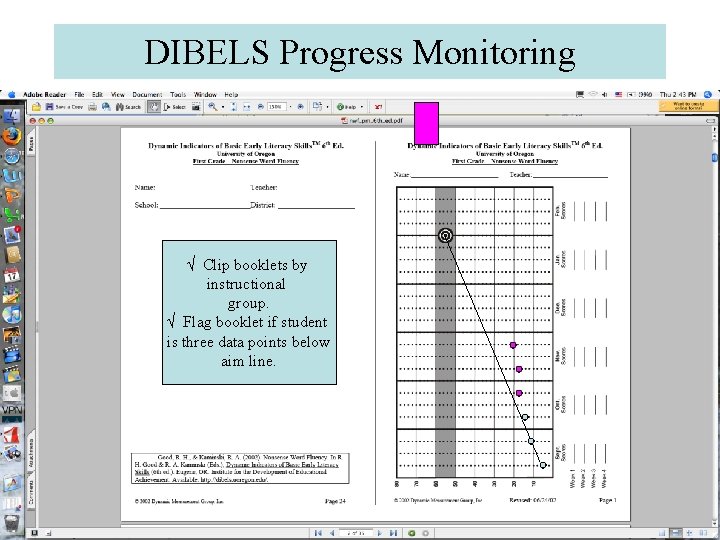 DIBELS Progress Monitoring √ Clip booklets by instructional group. √ Flag booklet if student