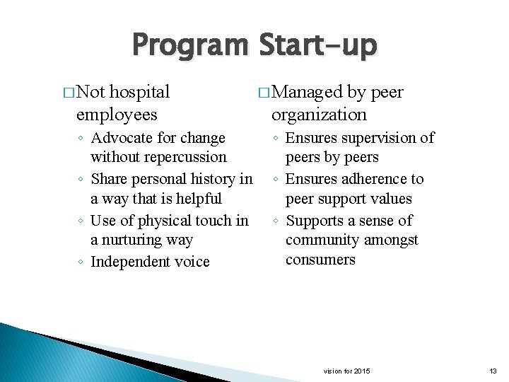 Program Start-up � Not hospital employees ◦ Advocate for change without repercussion ◦ Share