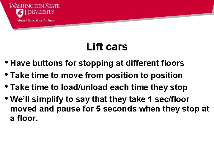 Lift cars • Have buttons for stopping at different floors • Take time to