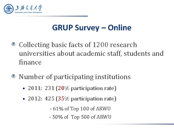 GRUP Survey – Online Collecting basic facts of 1200 research universities about academic staff,