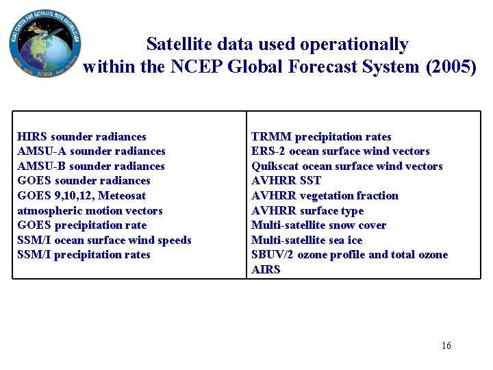 Satellite data used operationally within the NCEP Global Forecast System (2005) HIRS sounder radiances