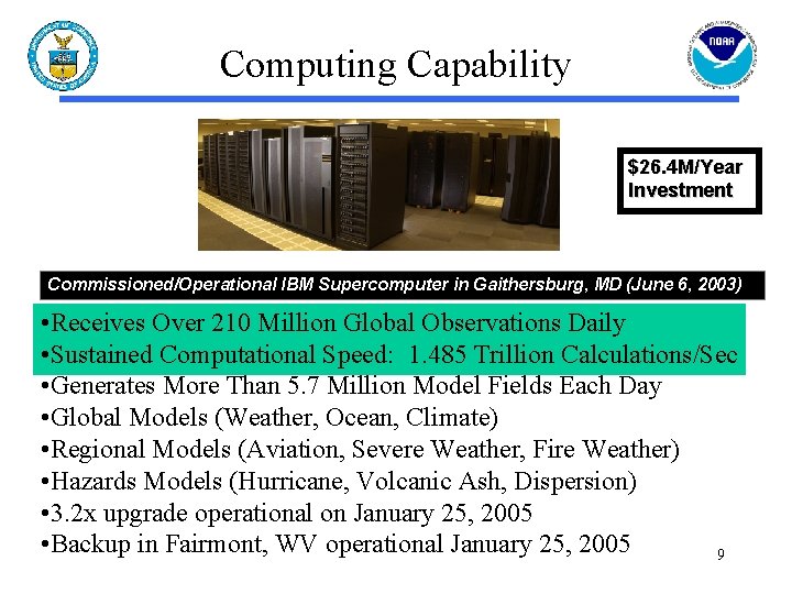 Computing Capability $26. 4 M/Year Investment Commissioned/Operational IBM Supercomputer in Gaithersburg, MD (June 6,