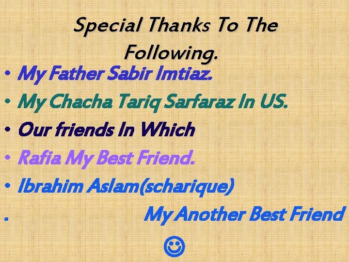Special Thanks To The Following. • My Father Sabir Imtiaz. • My Chacha Tariq