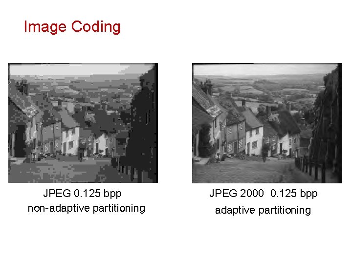 Image Coding JPEG 0. 125 bpp non-adaptive partitioning JPEG 2000 0. 125 bpp adaptive