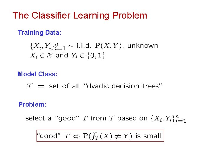 The Classifier Learning Problem Training Data: Model Class: Problem: 