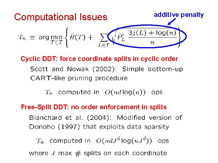 Computational Issues additive penalty Cyclic DDT: force coordinate splits in cyclic order Free-Split DDT: