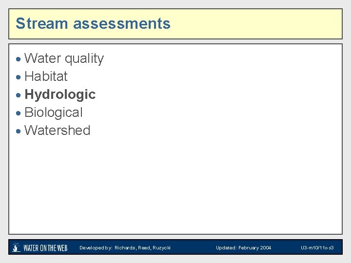 Stream assessments · Water quality · Habitat · Hydrologic · Biological · Watershed Developed