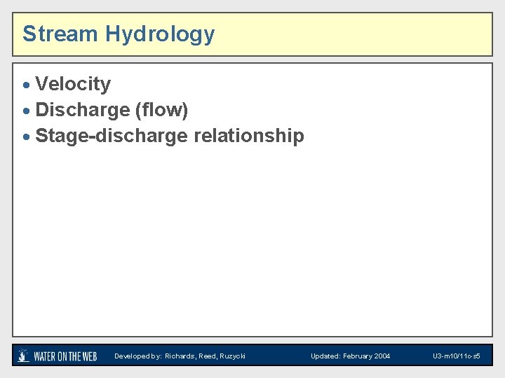 Stream Hydrology · Velocity · Discharge (flow) · Stage-discharge relationship Developed by: Richards, Reed,