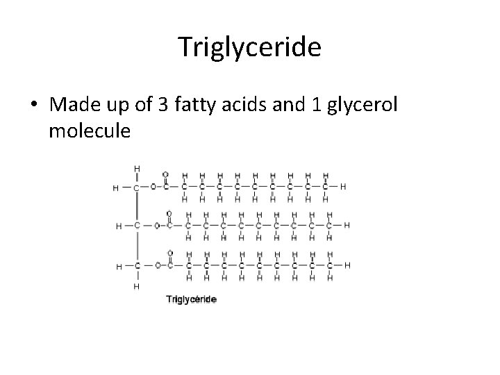 Triglyceride • Made up of 3 fatty acids and 1 glycerol molecule Triglyceride • Made up of 3 fatty acids and 1 glycerol molecule