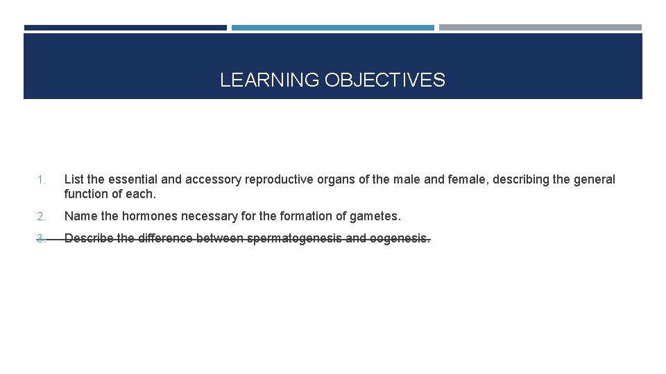 LEARNING OBJECTIVES 1. List the essential and accessory reproductive organs of the male and